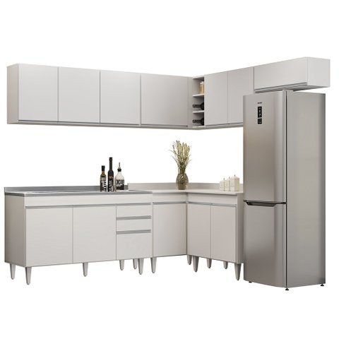 Armário de Cozinha Modulado de Canto 7 Peças Cp24 com Pia Inox Branco - Lumil Lumil Móveis