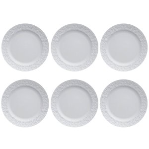Jogo 6 Pratos Rasos Redondos 26,5cm em Porcelana com Relevo Tassel Germer Branco