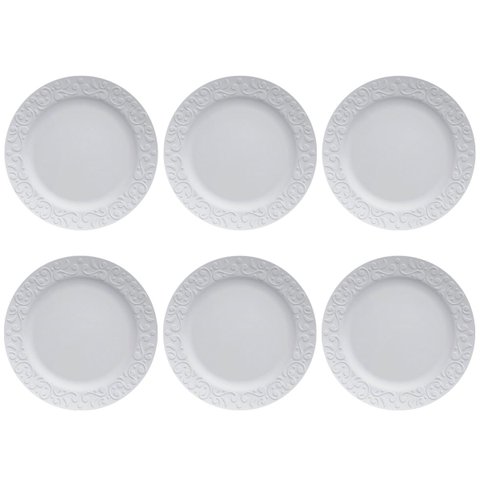 Jogo 6 Pratos Rasos Redondos 26,5cm em Porcelana com Relevo Tassel Germer Branco