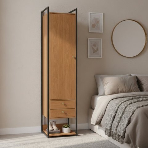 Armário Roupeiro Slim 48cm Cabideiro 2 Gavetas 1 Porta Canela/preto Fosco