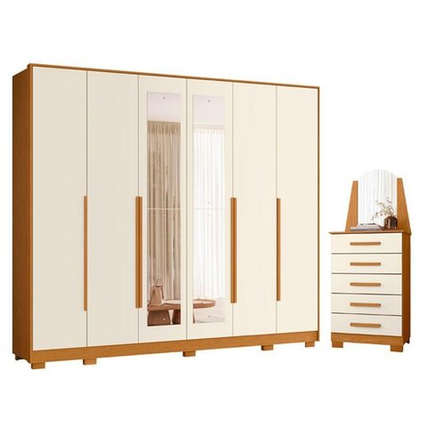 Guarda Roupa Casal Mercure com Espelho 6 Portas e Cômoda New Veneza 05 Gavetas com Espelho Cinamomo