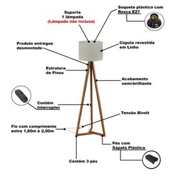 Luminária de Chão Tripé Classic com Cúpula Abajur Off White/nature - 6