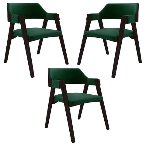 Kit 3 Cadeiras Sala de Jantar e Jogos Carteados Madeira Maciça Poker Veludo Verde/tabaco G42 - Gran