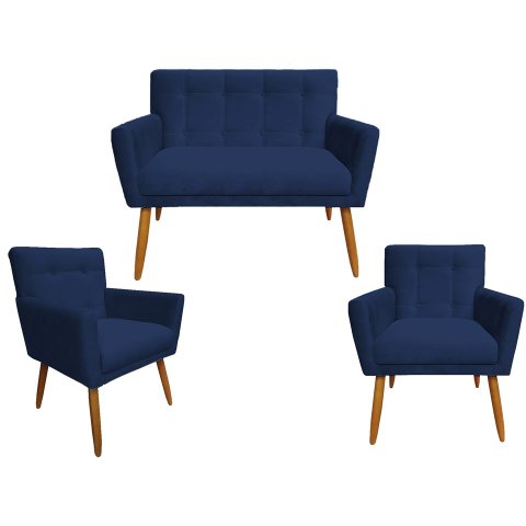 Kit Namoradeira + 2 Poltronas Decorativa Onix Suede Azul Marinho Pés Madeira Ms Decor
