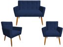 Ver imagem 1 de Kit Namoradeira + 2 Poltronas Decorativa Onix Suede Azul Marinho Pés Madeira Ms Decor