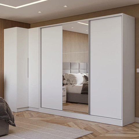 Guarda-roupa Modulado Neo + Guarda-roupa Royale 3 Portas de Correr com Espelho Branco Madesa