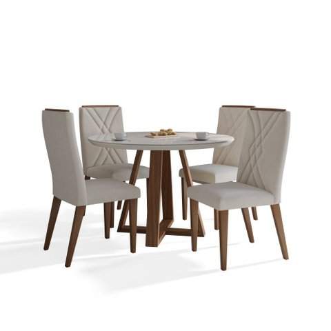 Mesa Redonda Benedicta Vidro Off White com 4 Cadeiras