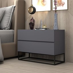 Mesa de Cabeceira para Quarto Eros 60cm 2 Gavetas Cinza Fosco Pés de Ferro Preto Design Moderno - 2