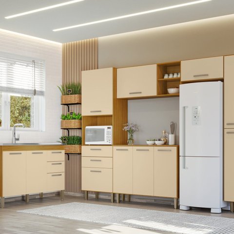 Conjunto Cozinha Modulada Completa 5 Peças e Balcão para Pia sem Tampo 118cm Iris Bege/Carvalho Americano/Off White