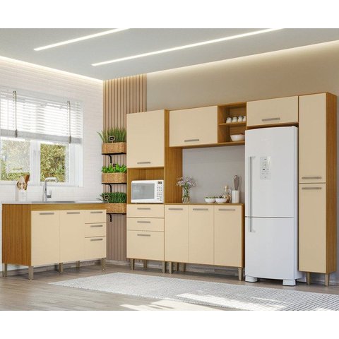 Cozinha Completa Modulada 6 Peças sem Tampo Bege Carvalho Americano Off White Íris