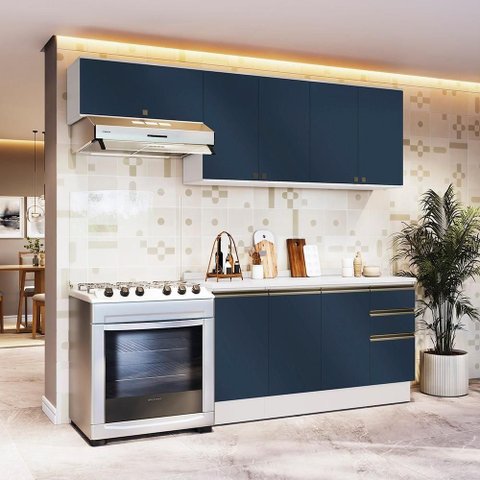 Armário de Cozinha Completa 100% Mdf 240cm Branco/azul Profundo Celeste Kappesberg