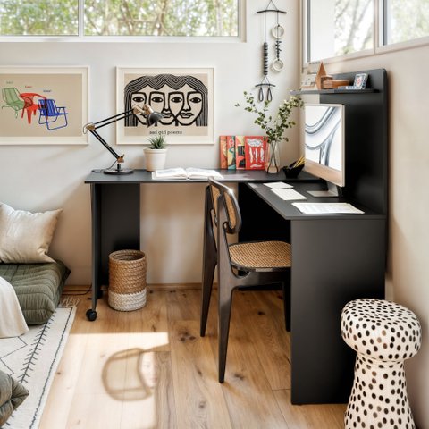 Escrivaninha em L de Canto 3 em 1 com Rodízios Home Office Ej Móveis:preto