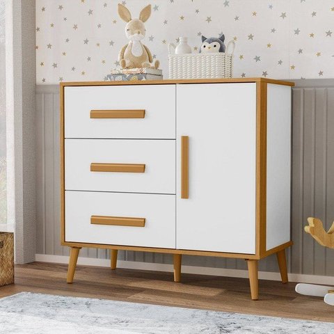 Cômoda Infantil Sapateira 3 Gavetas 1 Porta Magic Baby Retrô 100% MDF Carvalho e Branco