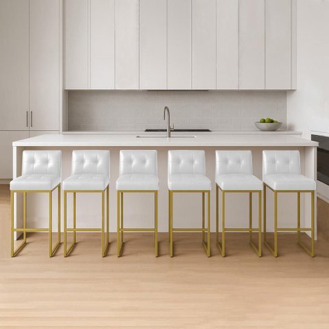 Banqueta Cozinha Alta com Encosto Industrial Kit 6 Dourado Lirina Pu Branco C05 - D'Rossi