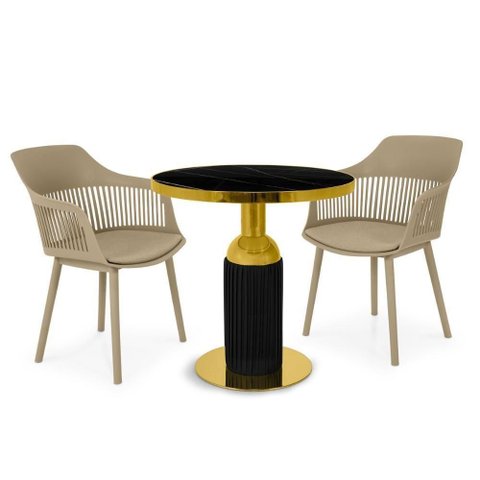 Conjunto Mesa de Jantar Redonda Imperial 70cm Preta com 2 Cadeiras Estofadas Marcela - Nude Escuro