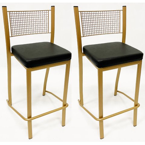 Banqueta Média para Balcão Empilhável Kit 2 Unidades Cor Dourado Fosco Assento Preto Altura 65cm