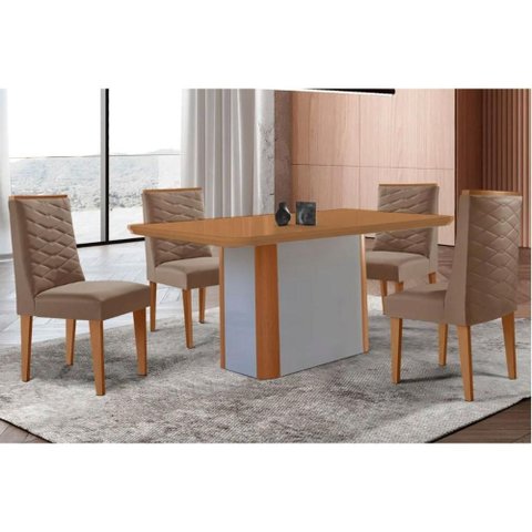 Sala Jantar Mesa Pietá Tampo Curvo 120cm+4 Cadeiras Dafne Madeira Naturale/off White - Capuccino/