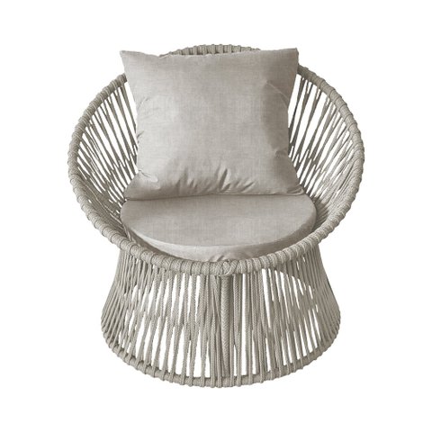 Poltrona Decorativa Estofada Sol com Almofada em Corda Náutica e Base em Alumínio Preta/areia