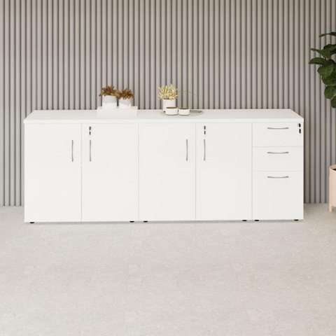 Armário Balcão 1,96m x 45cm Escritório e Home Office com 4 Portas 2 Gavetas e 1 Gavetão Fichá
