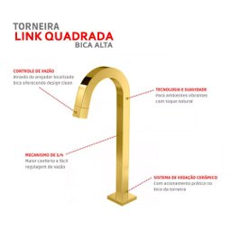 Torneira Link Quadrada Alta Banheiro Lavatório 61074 1/4 de Volta Dourada - 3