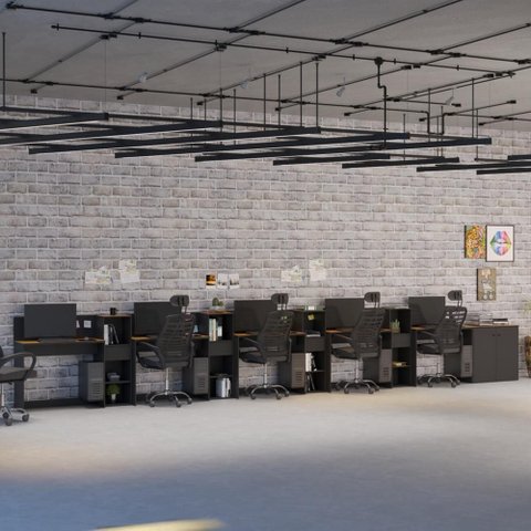 Conjunto de Escritório Noruega 4 Livreiro 1 Buffet e 5 Mesas 90cm - Via Nossa - Preto e Cedro