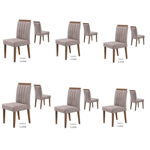 Conjunto 6 Cadeiras Estofadas Luisa pés Madeira Amendoa/Creme