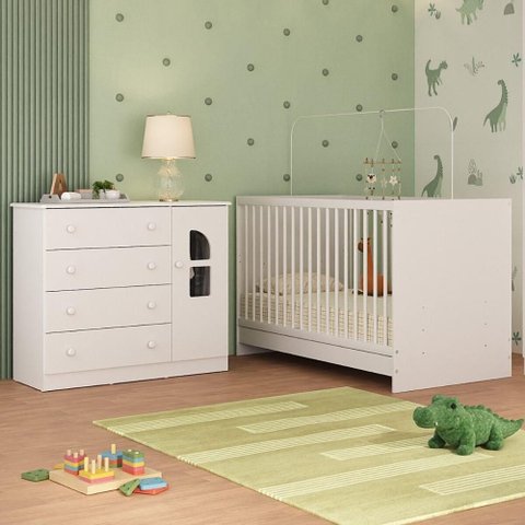 Berço 3 em 1 para Colchão 130x60cm com Cômoda 1 Porta 4 Gavetas Amora Multimóveis Mp4759 Branco