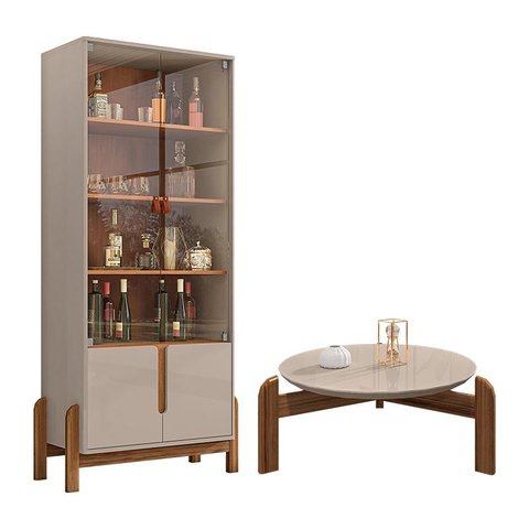 Conjunto Cristaleira e Mesa de Centro Lizz Pés de Madeira Off White/Cedro