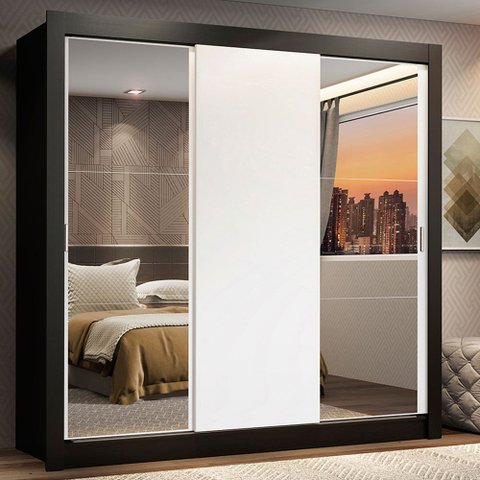 Guarda-Roupa Casal Madesa Lyon 3 Portas de Correr com Espelhos 2 Gavetas Preto/Branco Cor:Preto/Bran