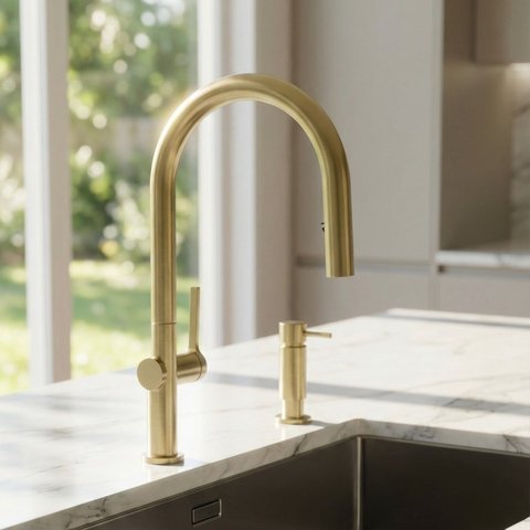 Misturador Monocomando para Cozinha Auris | Dourado Escovado | Alto Padrão | Bica 360° | Hausbaak