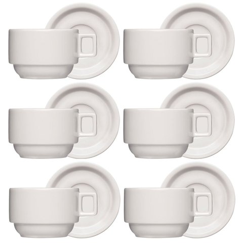 Jogo 6 Xícaras de Café com Pires 210ml Bar Hotel Germer em Porcelana Branca