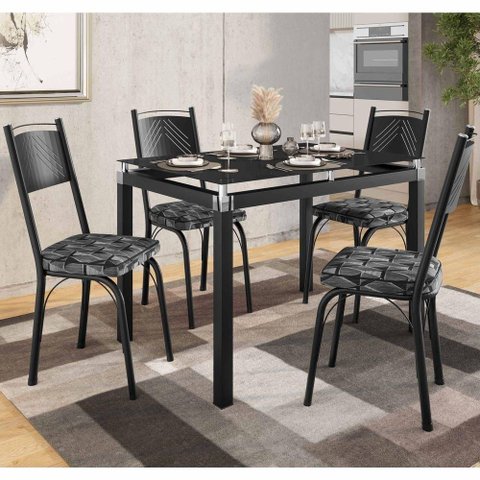 Conjunto Mesa de Jantar 151 Malva 4 Lugares Tampo Vidro Preto Mosaico Silver 107cm Combo Stock