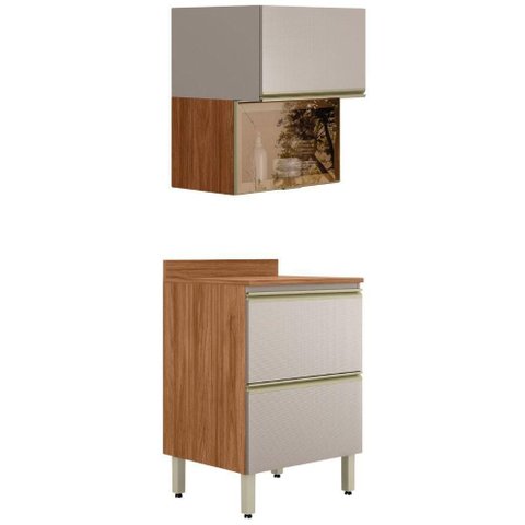Balcao Tampo e Armario Aereo Vidro 60 Cm Mdf Proenca Nogueira Nude Prime Demartez
