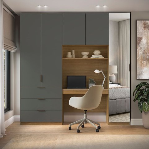 Guarda Roupa Modular 5 Portas com Mesa e Espelho Altezza Clean Belmax:Freijó/Titânio