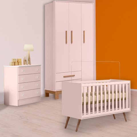 Conjunto Berço Mini Cama Retrô, Cômoda 4 Gavetas e Guarda Roupa Slim 3 Portas 2 Gavetas Rosa