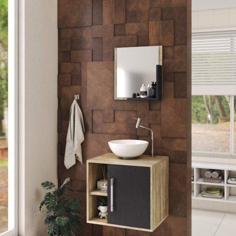 Conjunto para Banheiro Gabinete com Cuba Redonda R30 e Espelheira Soft 500W Marrom/Carvalho c/Preto