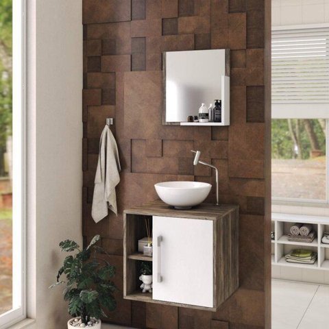 Conjunto para Banheiro Gabinete com Cuba Redonda R30 e Espelheira Soft 500W Marrom/Carvalho/Branco C