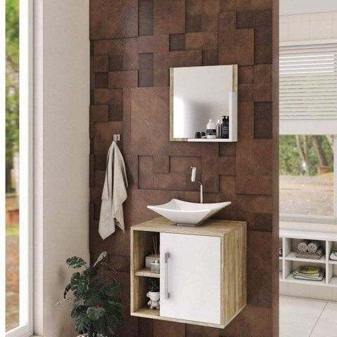 Conjunto para Banheiro Gabinete com Cuba Folha L34 e Espelheira Soft 500W Marrom/Carvalho/Branco Che