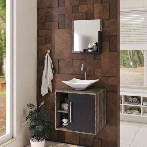 Conjunto para Banheiro Gabinete com Cuba Folha L34 e Espelheira Soft 500W Marrom/Carvalho Dark c/Pre