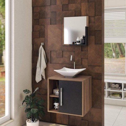 Conjunto para Banheiro Gabinete com Cuba Folha L34 e Espelheira Soft 500W Marrom/Nogal c/Preto Ônix