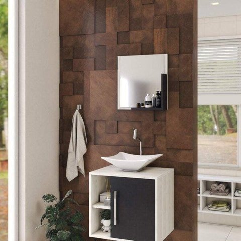 Conjunto para Banheiro Gabinete com Cuba Folha L34 e Espelheira Soft 500W Branco/Snow/Preto Ônix