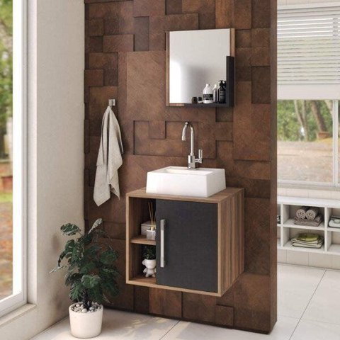 Conjunto para Banheiro Gabinete com Cuba Quadrada Q32 e Espelheira Soft 500W Marrom/Nogal/Preto Ônix