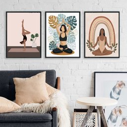 Kit 3 Quadros Decorativos Yoga e Plantas 33x24cm - com Vidro:madeira Preta - 2