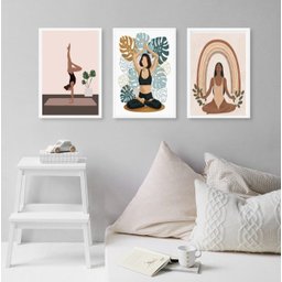 Kit 3 Quadros Decorativos Yoga e Plantas 33x24cm - com Vidro:madeira Preta - 1