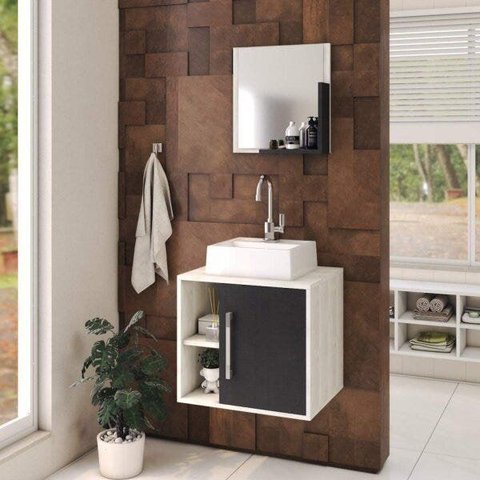 Conjunto para Banheiro Gabinete com Cuba Quadrada Q32 e Espelheira Soft 500W Branco/Snow/Preto Ônix
