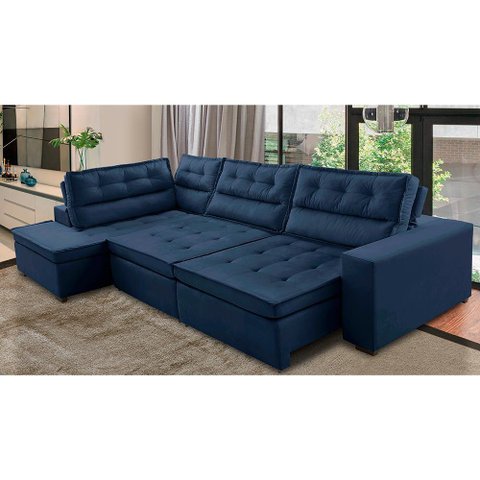 Sofá de Canto Retrátil e Reclinável com Molas Le 3,40x2,00m Viviane Suede Azul Azul Marinho
