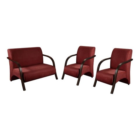 Conjunto Sevilha Namoradeira + 2 Poltronas Decorativa Braço De Madeira Recepção Sala - Suede Bordô