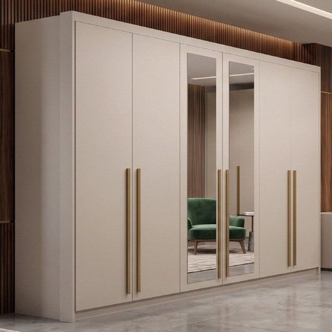 Guarda Roupa Casal 100% MDF 6 Portas 6 Gavetas com Espelhos Dubai Majestic Bege/Fendi