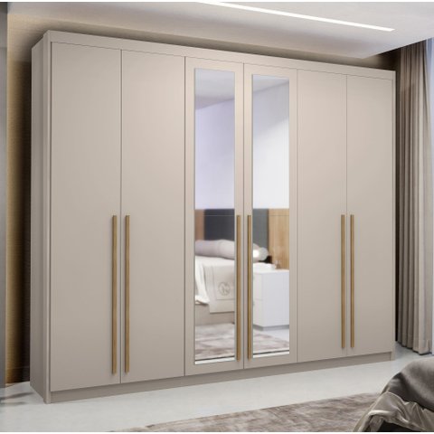 Guarda Roupa Casal 100% MDF 6 Portas 6 Gavetas com Espelhos Dubai Majestic Bege/Fendi