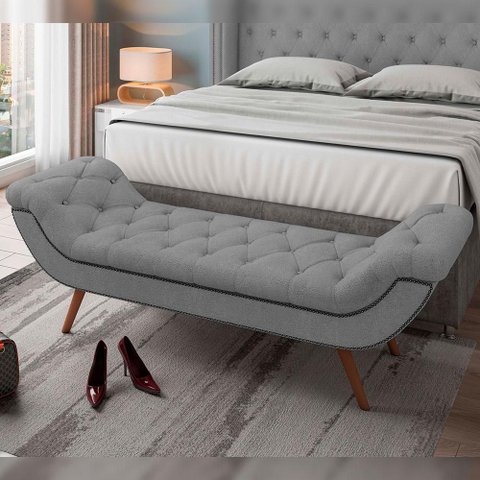 Puff Recamier Decorativo com Tachas 195 cm Santorini Bouclê Cinza - Lyam Decor